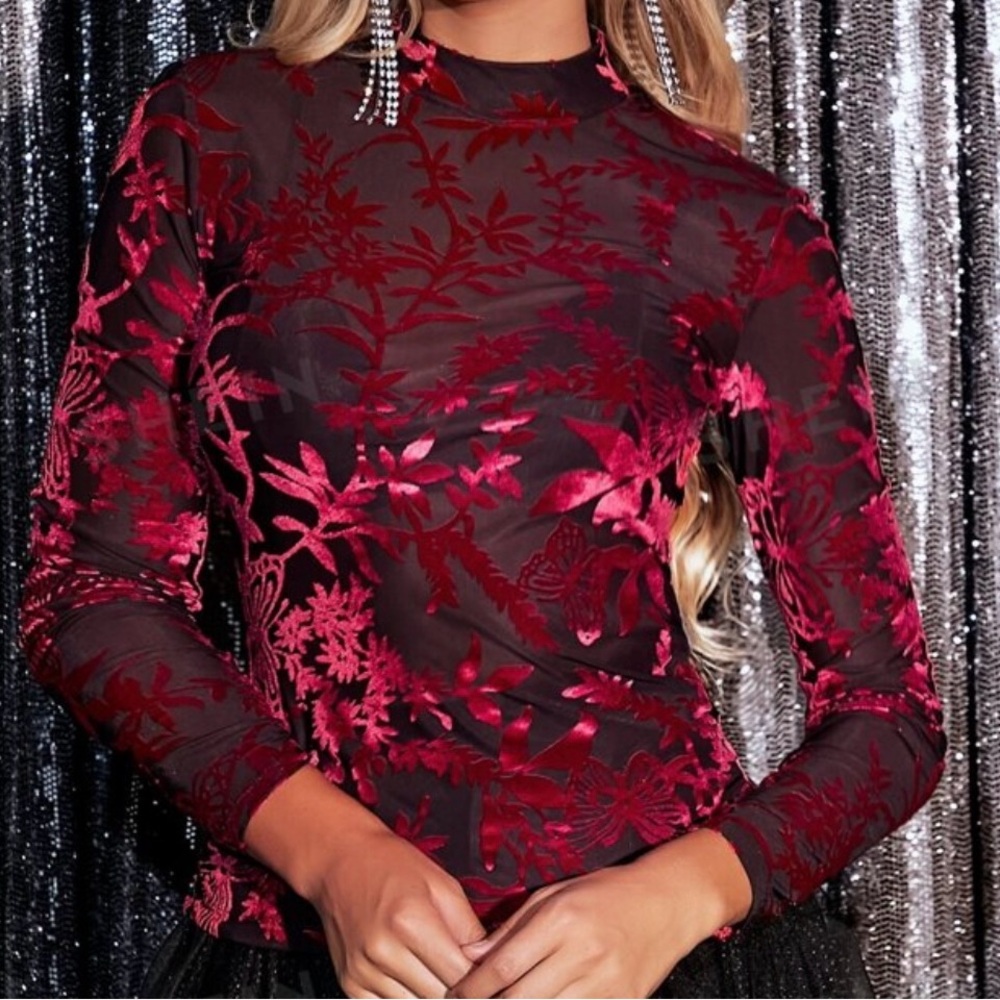 Mock Neck Mesh Floral Print Top